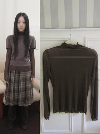 Vintage Knit Layering Mesh Top V-neck T-shirt Long Sleeve T-shirt