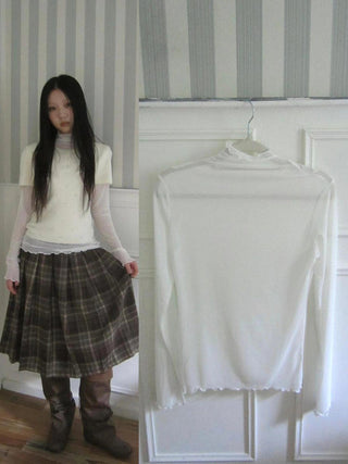 Vintage Knit Layering Mesh Top V-neck T-shirt Long Sleeve T-shirt