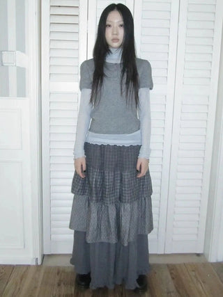 Vintage Knit Layering Mesh Top V-neck T-shirt Long Sleeve T-shirt
