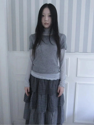 Vintage Knit Layering Mesh Top V-neck T-shirt Long Sleeve T-shirt