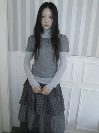Vintage Knit Layering Mesh Top V-neck T-shirt Long Sleeve T-shirt
