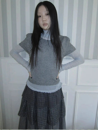 Vintage Knit Layering Mesh Top V-neck T-shirt Long Sleeve T-shirt