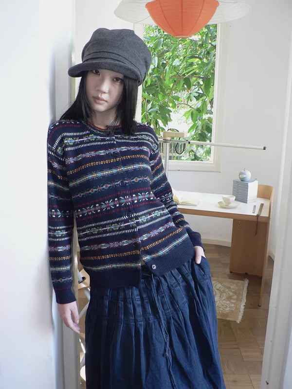 Vintage Oversized Button Cardigan Contrast Stripe Floral Navy Women Knit Sweater