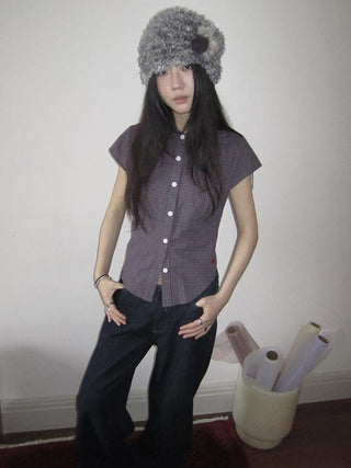 Vintage Plaid Cropped T Shirt With Embroidery