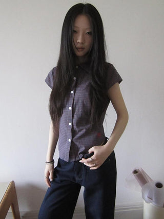 Vintage Plaid Cropped T Shirt With Embroidery