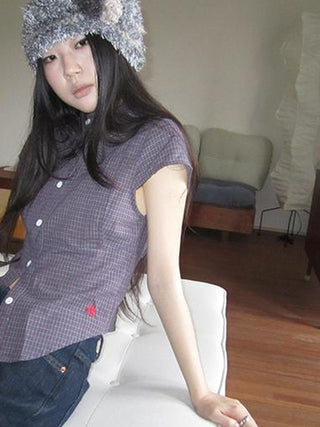 Vintage Plaid Cropped T Shirt With Embroidery