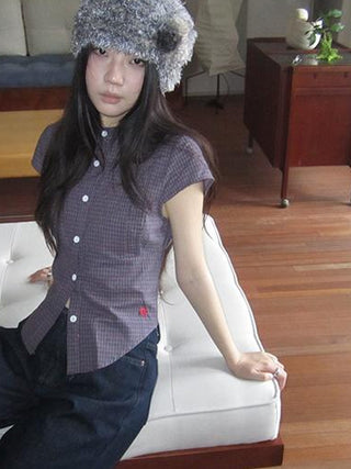Vintage Plaid Cropped T Shirt With Embroidery