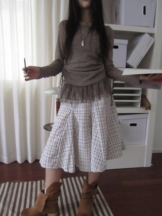 Vintage Plaid Pleated Midi Skirt