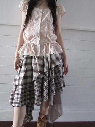Vintage Plaid Skirt With Asymmetrical Hem And Elastic Waist