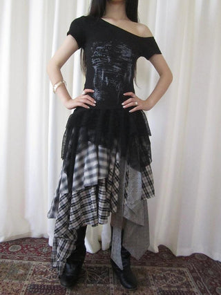 Vintage Plaid Skirt With Asymmetrical Hem And Elastic Waist