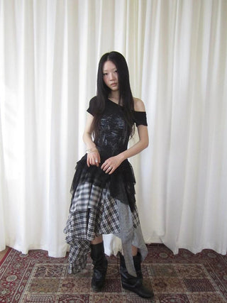 Vintage Plaid Skirt With Asymmetrical Hem And Elastic Waist