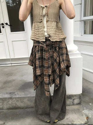 Vintage Plaid Wrap Mini Skirt High Waist Adjustable Waistband