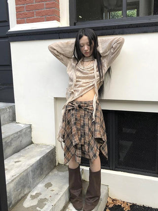 Vintage Plaid Wrap Mini Skirt High Waist Adjustable Waistband
