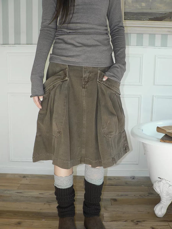 Vintage Pleated A Line Mid Waist Cotton Casual With Pockets Women Midi Skirt