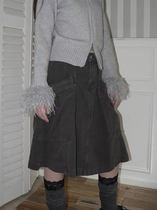 Vintage Pleated A Line Mid Waist Cotton Casual With Pockets Women Midi Skirt