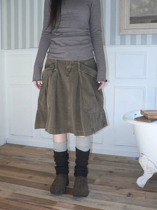 Vintage Pleated A Line Mid Waist Cotton Casual With Pockets Women Midi Skirt