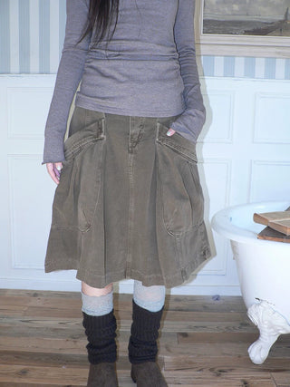 Vintage Pleated A Line Mid Waist Cotton Casual With Pockets Women Midi Skirt