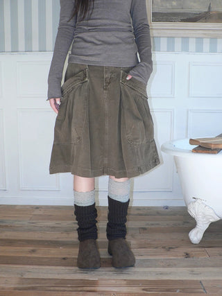 Vintage Pleated A Line Mid Waist Cotton Casual With Pockets Women Midi Skirt