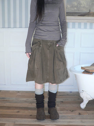 Vintage Pleated A Line Mid Waist Cotton Casual With Pockets Women Midi Skirt