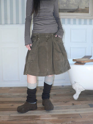 Vintage Pleated A Line Mid Waist Cotton Casual With Pockets Women Midi Skirt