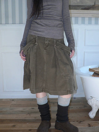 Vintage Pleated A Line Mid Waist Cotton Casual With Pockets Women Midi Skirt