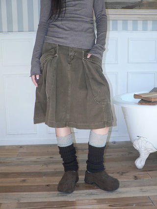 Vintage Pleated A Line Mid Waist Cotton Casual With Pockets Women Midi Skirt