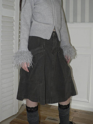 Vintage Pleated A Line Mid Waist Cotton Casual With Pockets Women Midi Skirt