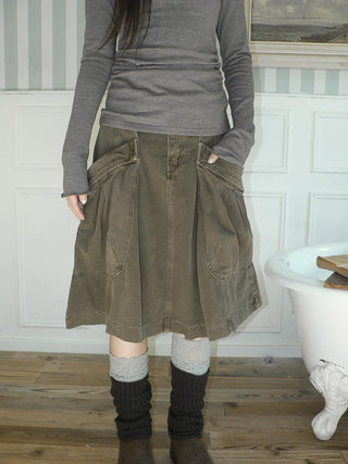 Vintage Pleated A Line Mid Waist Cotton Casual With Pockets Women Midi Skirt