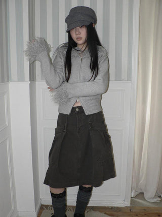 Vintage Pleated A Line Mid Waist Cotton Casual With Pockets Women Midi Skirt