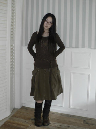 Vintage Pleated A Line Mid Waist Cotton Casual With Pockets Women Midi Skirt