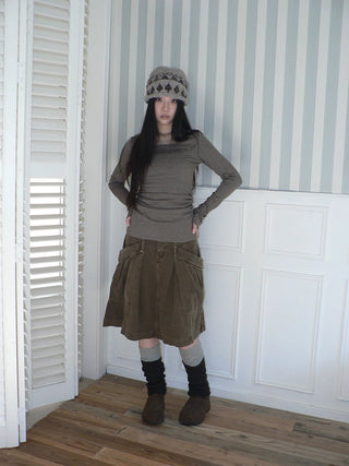Vintage Pleated A Line Mid Waist Cotton Casual With Pockets Women Midi Skirt