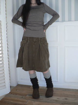 Vintage Pleated A Line Mid Waist Cotton Casual With Pockets Women Midi Skirt