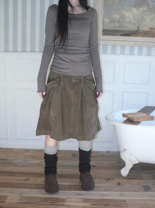 Vintage Pleated A Line Mid Waist Cotton Casual With Pockets Women Midi Skirt