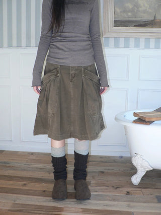 Vintage Pleated A Line Mid Waist Cotton Casual With Pockets Women Midi Skirt