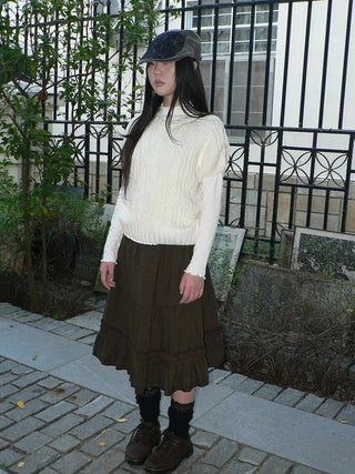 Vintage Pleated Ruffle Hem A Line Skirt Skirt