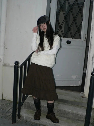 Vintage Pleated Ruffle Hem A Line Skirt Skirt