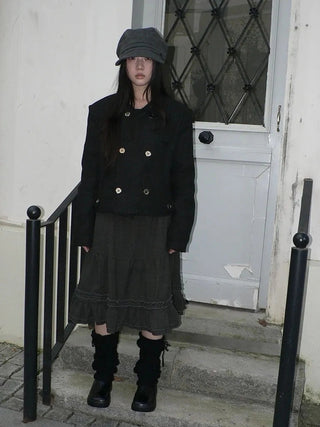 Vintage Pleated Ruffle Hem A Line Skirt Skirt