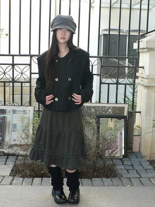 Vintage Pleated Ruffle Hem A Line Skirt Skirt