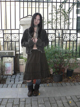 Vintage Pleated Ruffle Hem A Line Skirt Skirt