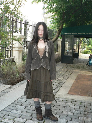 Vintage Pleated Ruffle Hem A Line Skirt Skirt