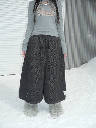 Vintage Polka Dot Natural Waist Elastic Wide Leg Cotton Black Women Pants