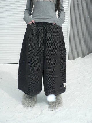Vintage Polka Dot Natural Waist Elastic Wide Leg Cotton Black Women Pants