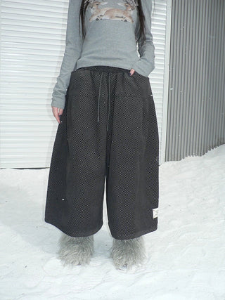 Vintage Polka Dot Natural Waist Elastic Wide Leg Cotton Black Women Pants