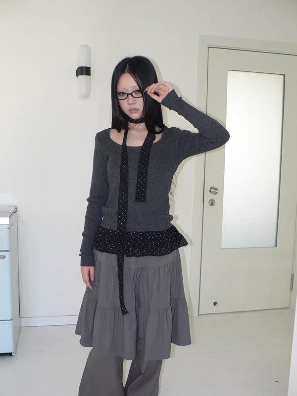 Vintage Polka Dot Printed Faux Layered Long Sleeve U Neck Women Gray T-Shirt