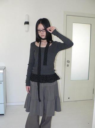 Vintage Polka Dot Printed Faux Layered Long Sleeve U Neck Women Gray T-Shirt