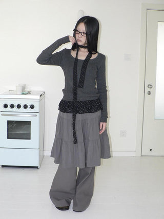 Vintage Polka Dot Printed Faux Layered Long Sleeve U Neck Women Gray T-Shirt