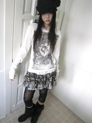 Vintage Print Knit Sweater Long Sleeve Autumn Elastic
