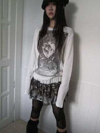 Vintage Print Knit Sweater Long Sleeve Autumn Elastic
