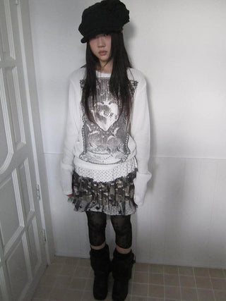Vintage Print Knit Sweater Long Sleeve Autumn Elastic