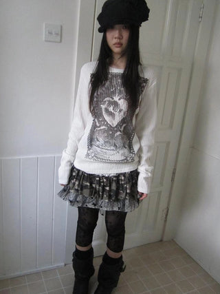 Vintage Print Knit Sweater Long Sleeve Autumn Elastic
